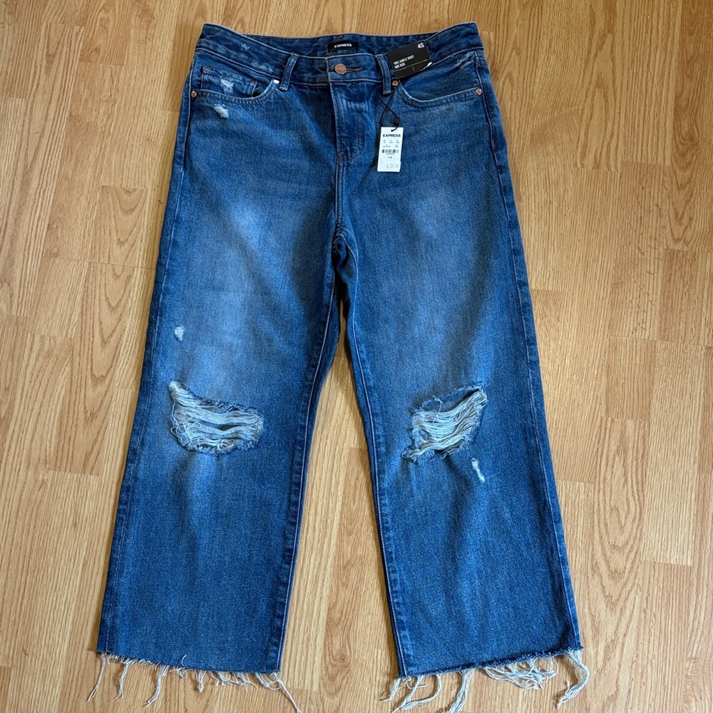 Express Dark Blue Distressed Mid Rise Ankle Boot Leg Jeans